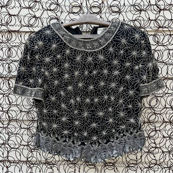 Vintage Adrianna Papell Boutique Evening Black Silk Beaded Daisy Floral Blouse - Picture 1 of 7